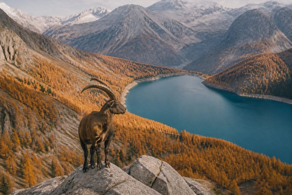 Rubrique Nature et Environnement : bouquetin au-dessus d'un lac de montagne et mélèzes d'automne