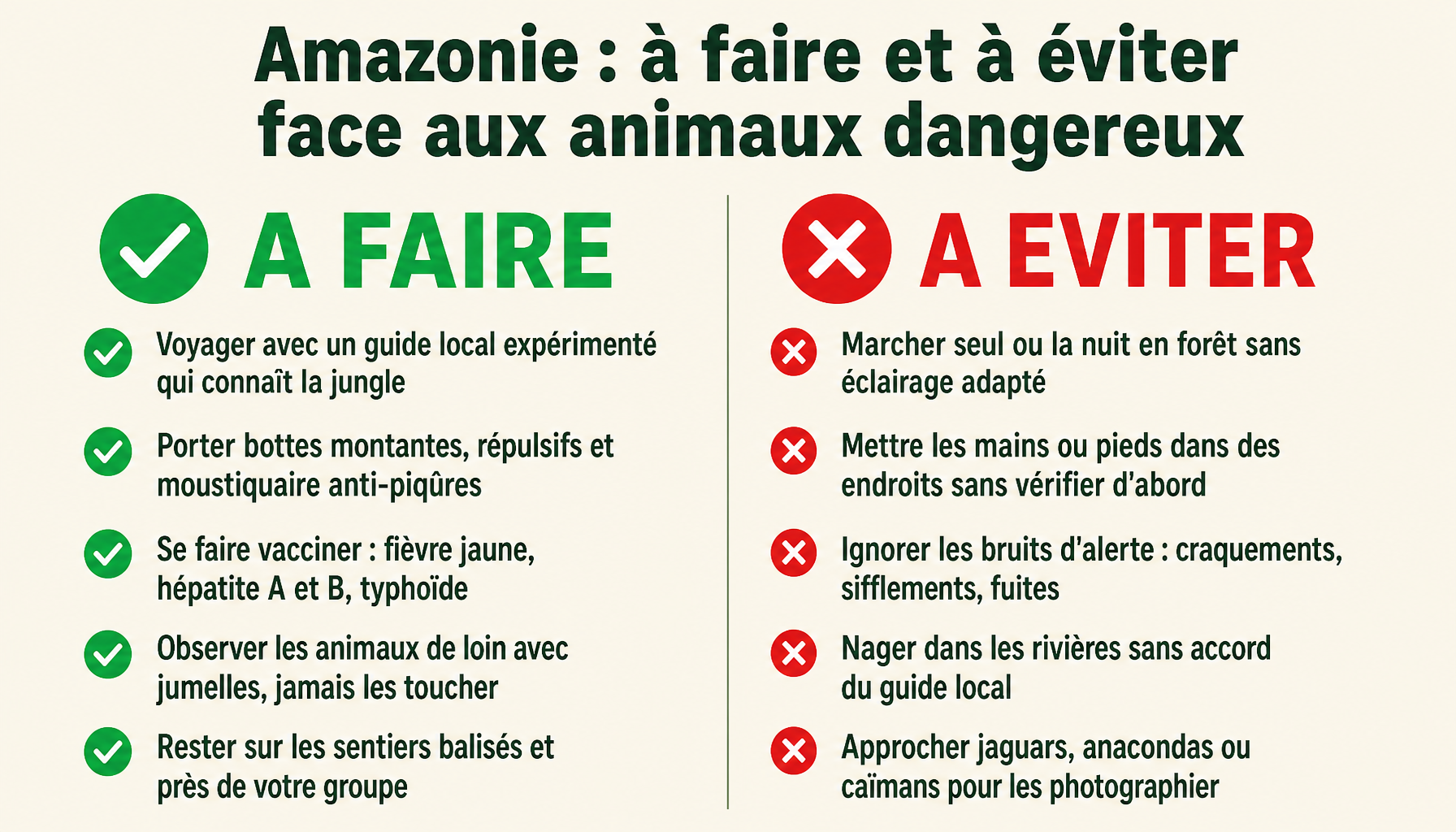 Infographie amazonie animaux dangereux : conseils sécurité voyageur jungle